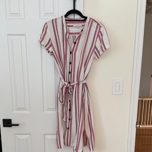 Loft Striped Linen Blend Button-Down Belted Midi Dress Sz 6